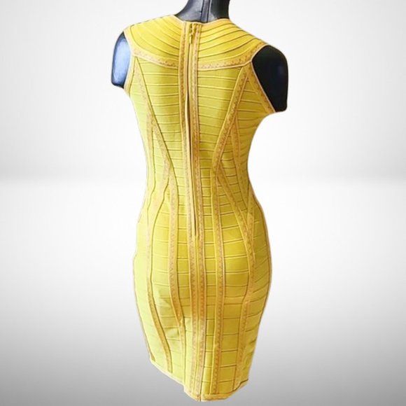 Herve Leger Stunning Bandage Dress in Citrus Yellow and Pink Accent. Size: L - Picture 9 of 11